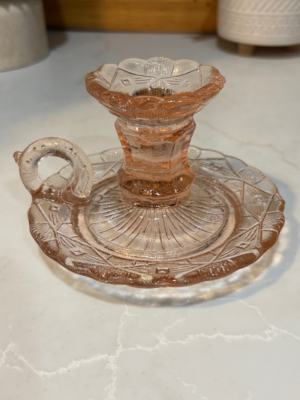 Vintage Zabkowice Pressed Glass Bed Chamber Candlestick in Pink